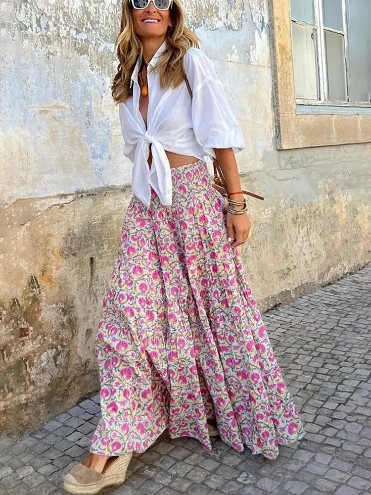 WildPinky Fashion Floral Print Skirts Women Summer Vintage Elegant High Elastic Waist Long Skirt Boho Casual Female A-line Skirt