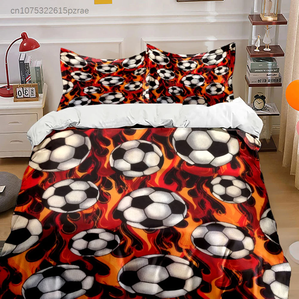 Fiery Soccer Ball With Flame Pattern 3PCS Bedding Set Soft Microfiber Bedding Set For Sports Lovers Teen Bedroom