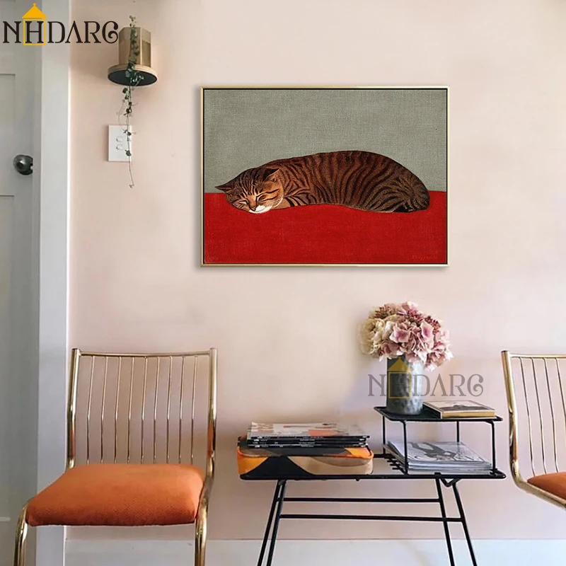 Retro Japanese Style Canvas Print Painting Poster Red Color Lovely Animal Cat Modern Nordic Wall Pictures Art Room Home Decor