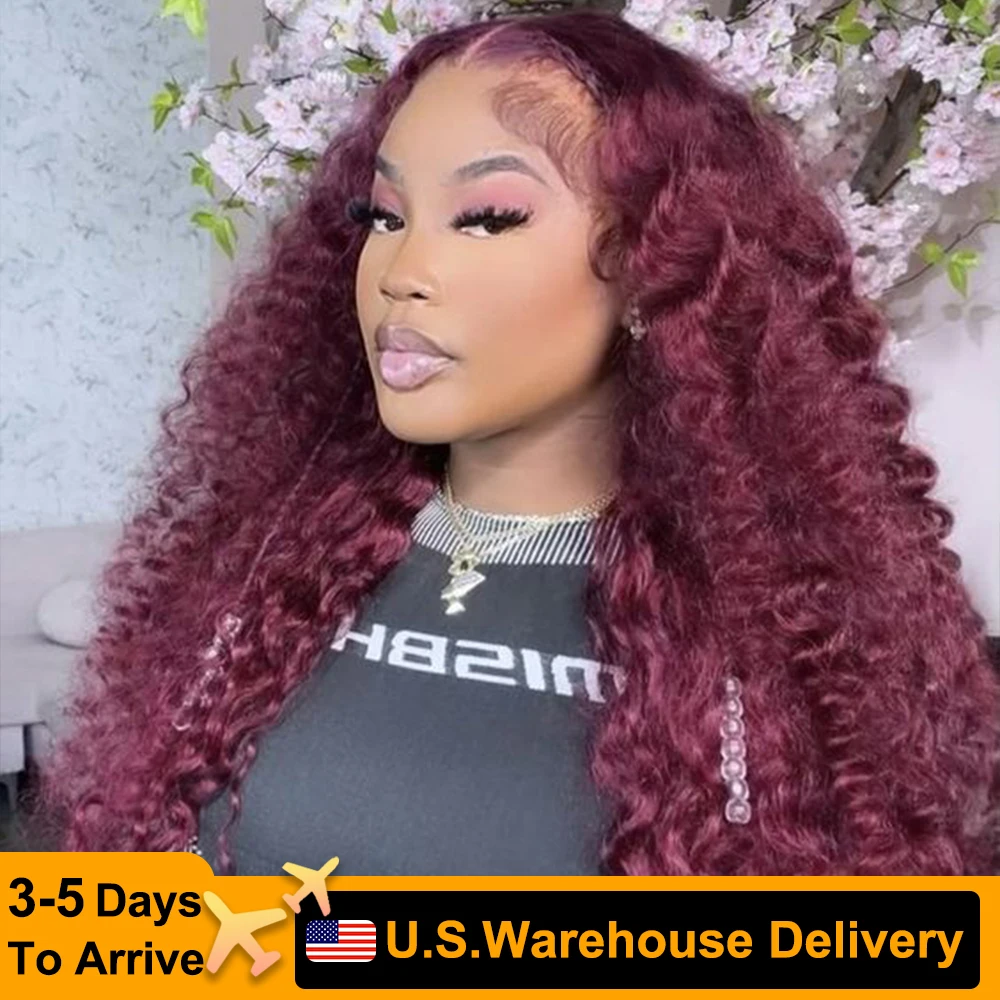 99J Burgundy 210 Density 30 Inch Deep Wave Lace Frontal Wig Curly Lace Front 13x4 HD Lace Frontal Human Hair Wigs For Womem