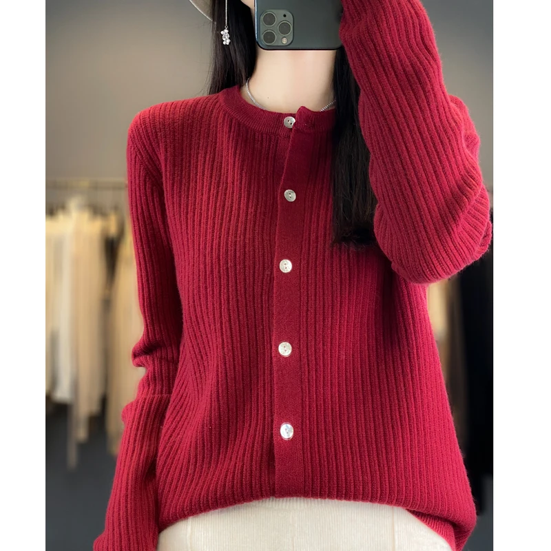 

Women Pure Wool Soft Sweater O-Neck Thickened Vertical Stripe Cardigan Autumn Winter Female Coat Basis Casual Knitting Top