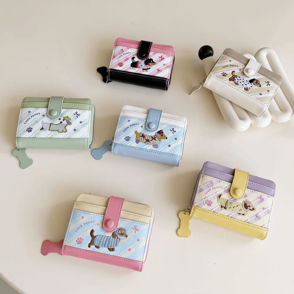 Versatile Portable Embroidery Dachshund Dog Wallet PU Leather Multiple Card Leather Card Holder Fashion Cute Short Purse Work