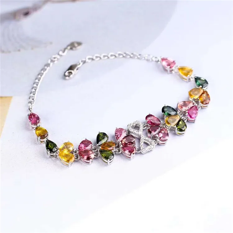 925 Pulseira De Prata Para Mulheres, Turmalina Natural, Pedras Preciosas Multicoloridas, Jóias Delicadas, 4x6mm