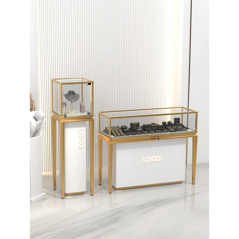 Armário De Loja De Jóias De Jóias De Luxo Personalizado, Design De Vitrine De Vidro, Contador De Loja De Frame De Metal De Ouro, Design De Contador De Vidro