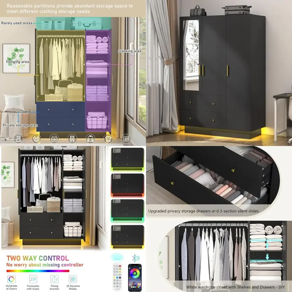 3 Door Wardrobe Closet with Mirror and LED Lights, Bedroom Armoire with Ders Shelves, ern Wooden Armoire Wardrobe Closet with Ha