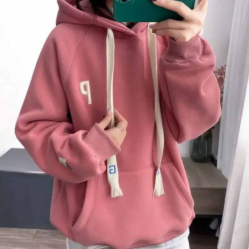 Relaxed Fit Letter Embroidered Fleece Lined Hoodie Women Heavyweight Warm Fall Winter Sweatshirt