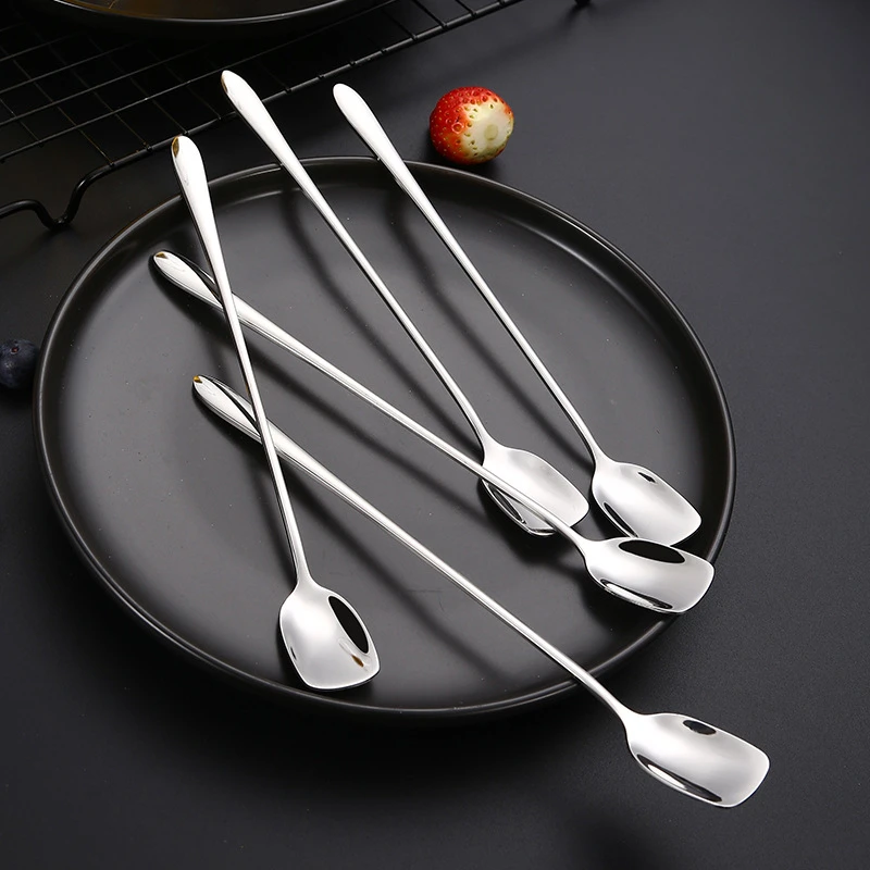 Silver Long Handle Tea Spoon 304 Stainless Steel Creative Mini Mixing Coffee Ice Cream Teaspoons Tableware Kitchen Utensils