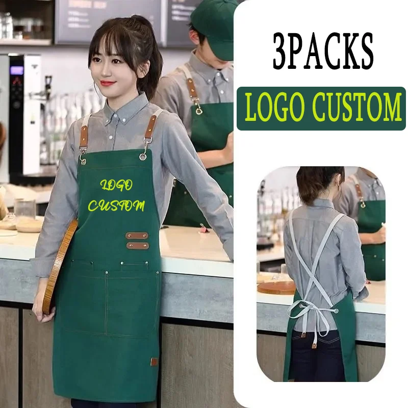 

Canvas Aprons Personalized Logo Kitchen Chef Aprons 3Pcs Work Aprons For Men Women Adjustable Strap Aprons With 4 Pockets