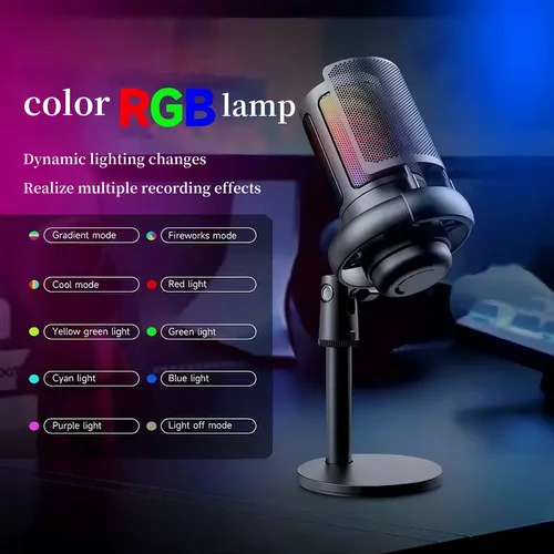Imagen 2 del producto Micrófono USB profesional, micrófono condensador para computadora, micrófono RGB, adecuado para juegos, grabación y grabación de video en vivo