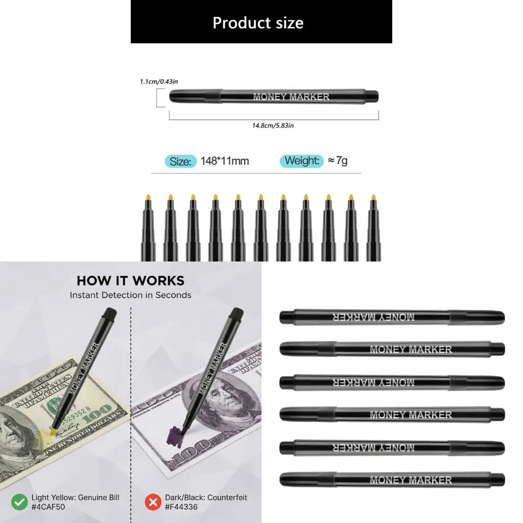  6Pieces Multipurpose Detection Pens Bill Detection Marker Perfect for Banknotes and Documents Plastic Construction