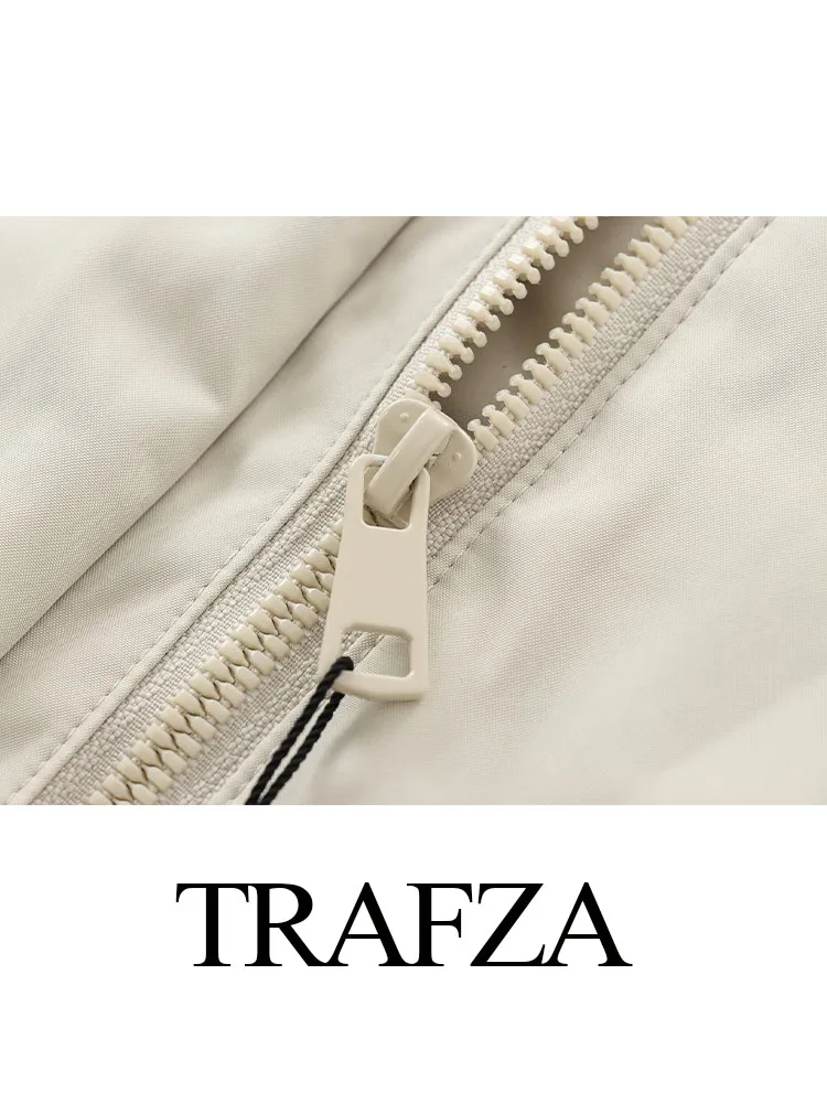 TRAFZA-Casaco elegante com capuz feminino, mangas compridas, bolso, peito único, zíper, casual, cordão, casacos monocromáticos, outono