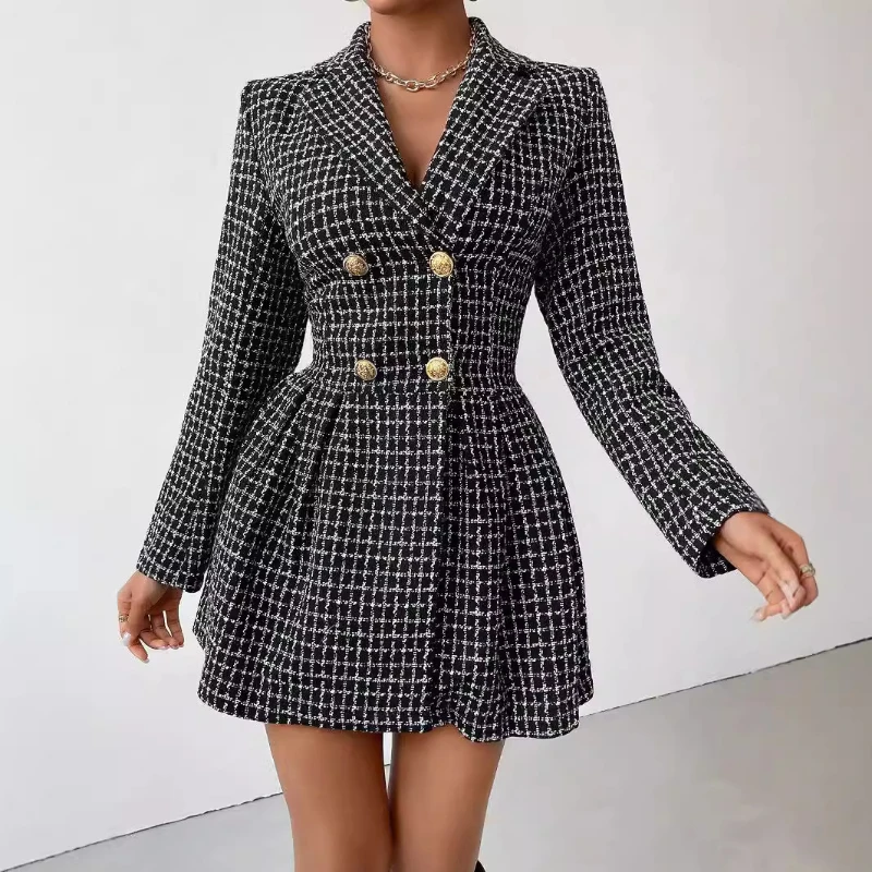 2024 New Fashion Plaid And Classic Commuting V Neck Long Sleeved Dress Coat For Women