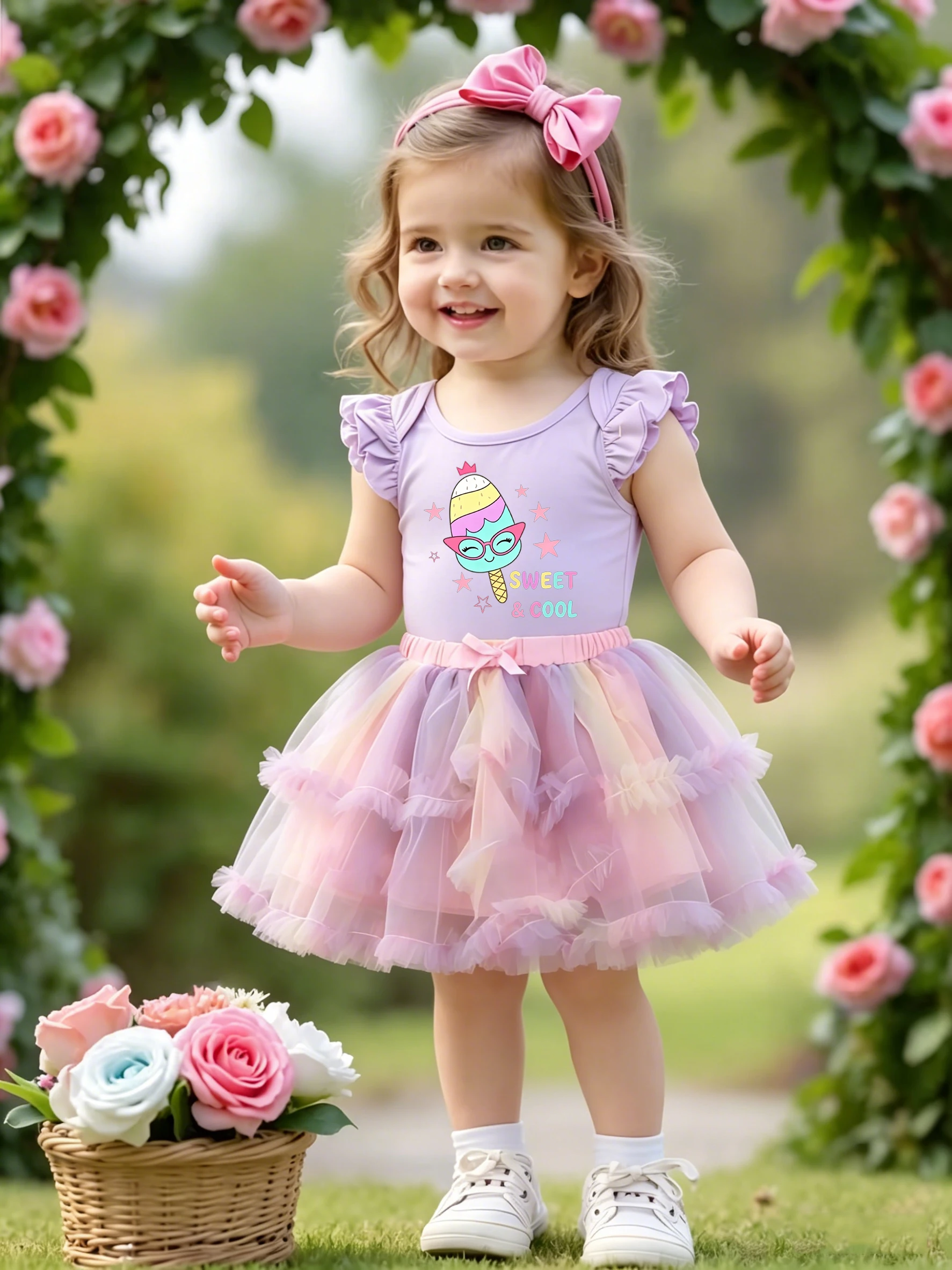 Hellviolettes Eiscreme-Print Rüschenärmel Regenbogen Tüll Tutu-Kleid Mädchen Süßer Stil Neuerscheinung