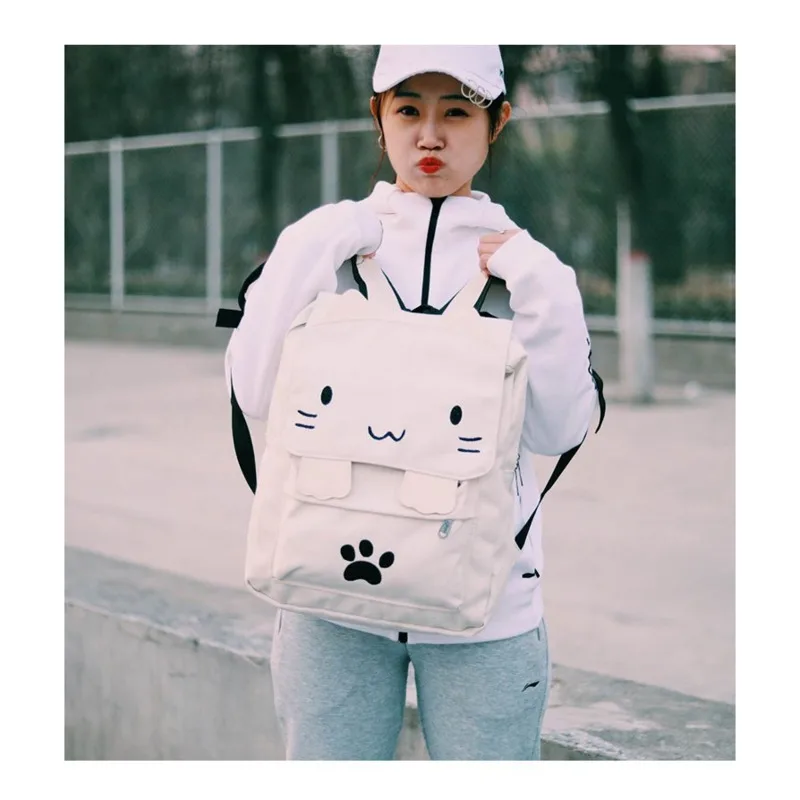 Cute Cat Canvas Mochila para Adolescentes, Cartoon Bordados Mochilas Escolares para Estudante, Rucksack Kawaii