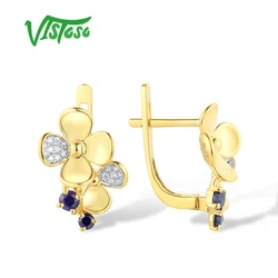 VISTOSO 14K 585 Yellow Gold Clip Earrings For Women Sparkling Diamond Blue Sapphire Flower Wedding Gifts Delicate  Fine Jewelry