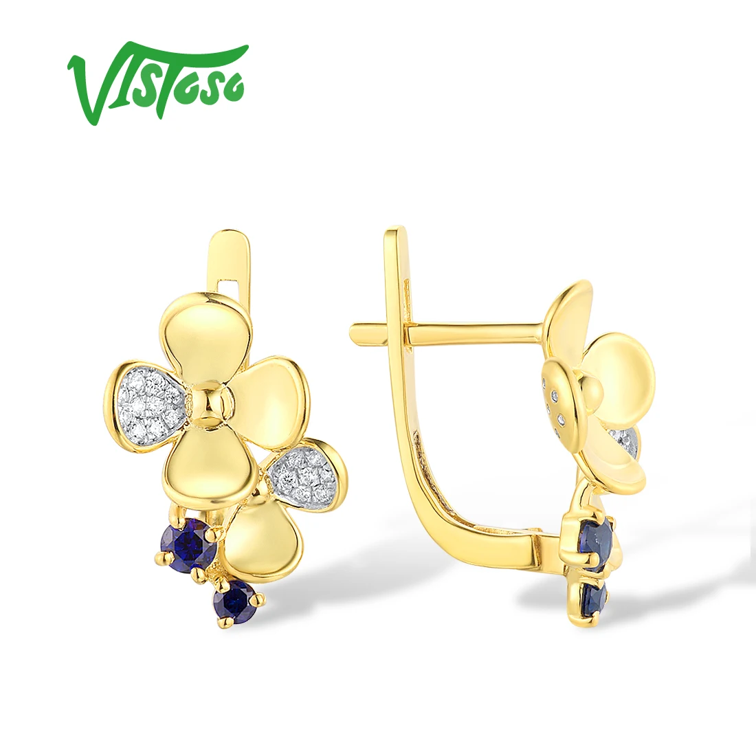 VISTOSO 14K 585 Yellow Gold Clip Earrings For Women Sparkling Diamond Blue Sapphire Flower Wedding Gifts Delicate  Fine Jewelry