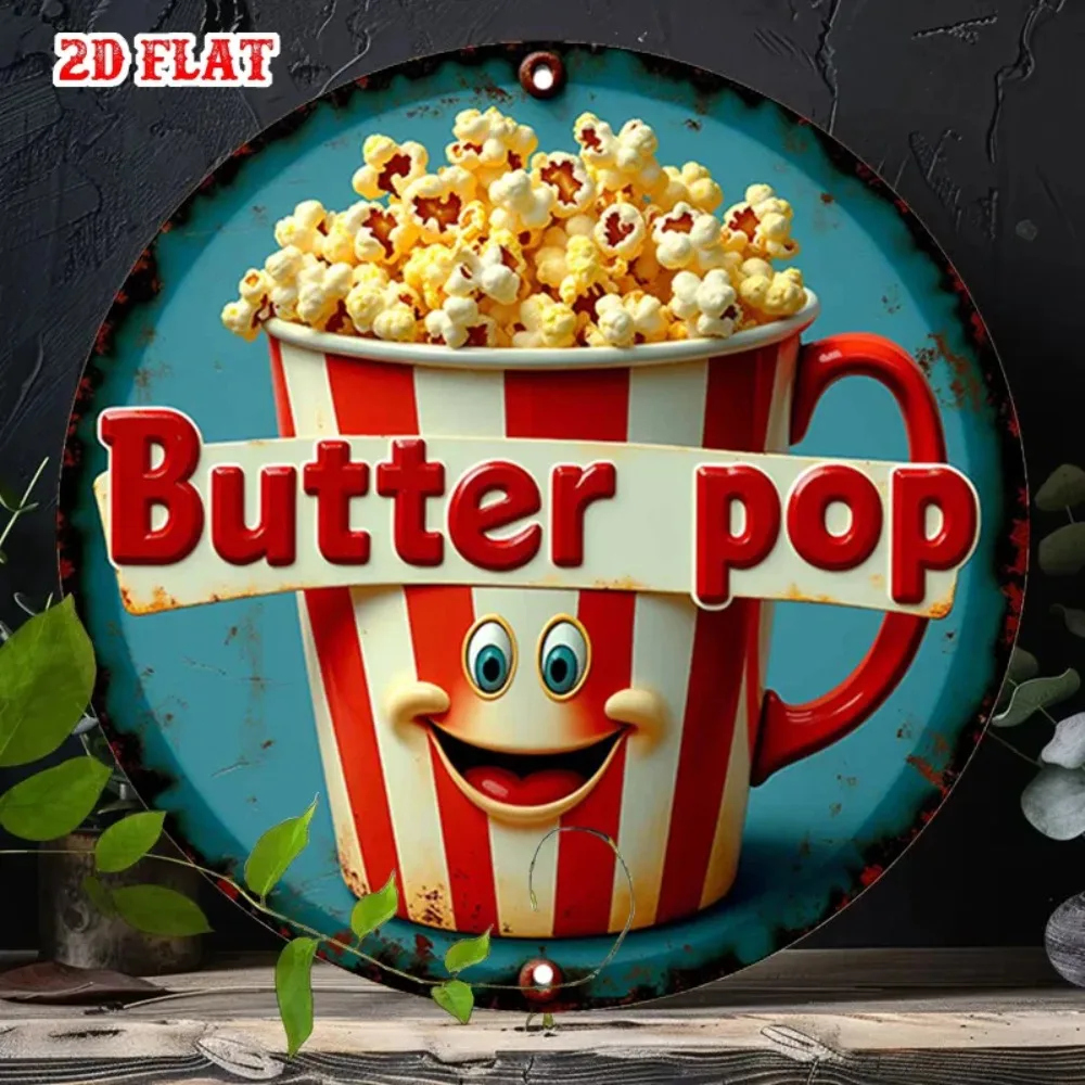 Butter Popcorn Tin Sign Retro Round Metal Wall Art 2D Flat
