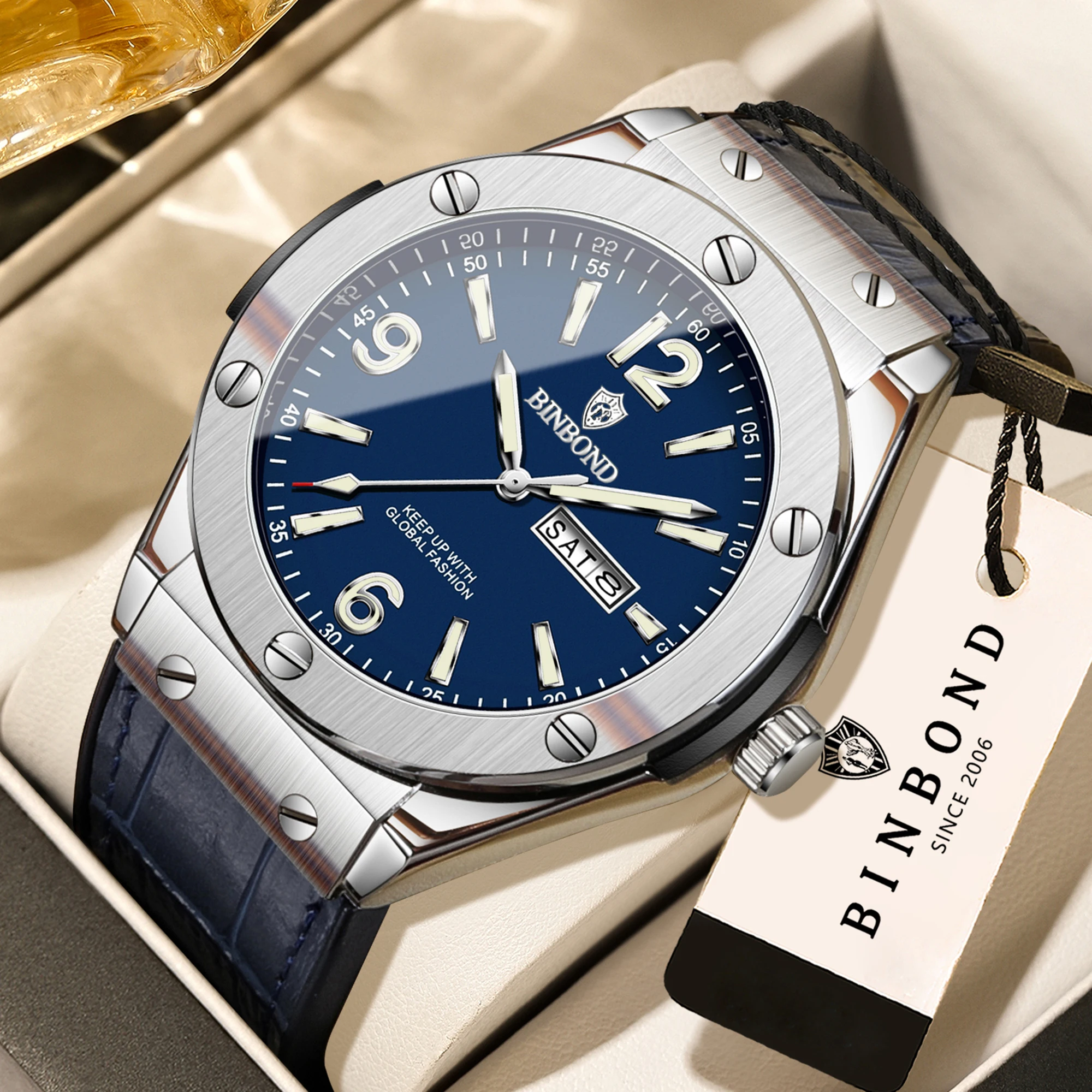 BINBOND Präzise Automatische Datums- und Wochenanzeige Herrenuhr Quarzuhren für Männer Luxuriöse Leuchtende Wasserdichte Lässige Robuste Armbanduhr