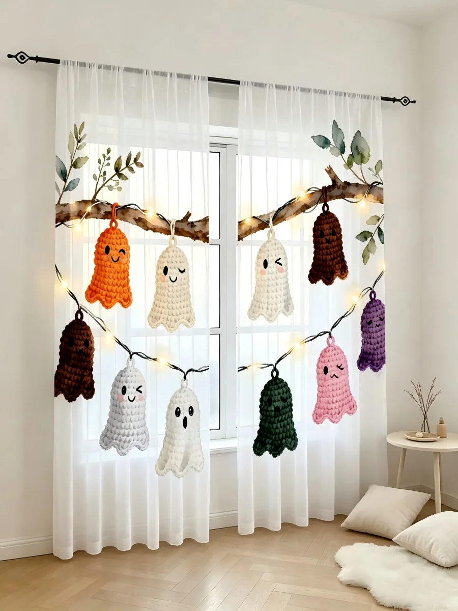 2PCS Digital Print Sheer Curtain, Glowing Ghost Spirit, Halloween Spooky Magic - Voile Drapes for Bedroom Living Room Decor