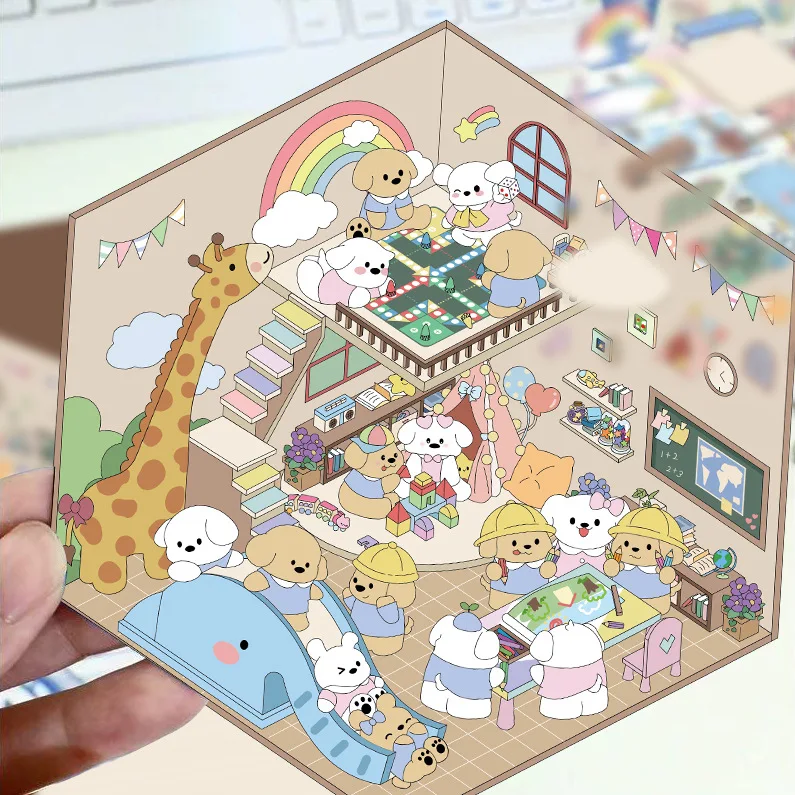 

3D Stereoscopic House Landscape Relief Stickers Hamburger Shop Candy Tarot Sand Ice Shop Transparent PET Stickers