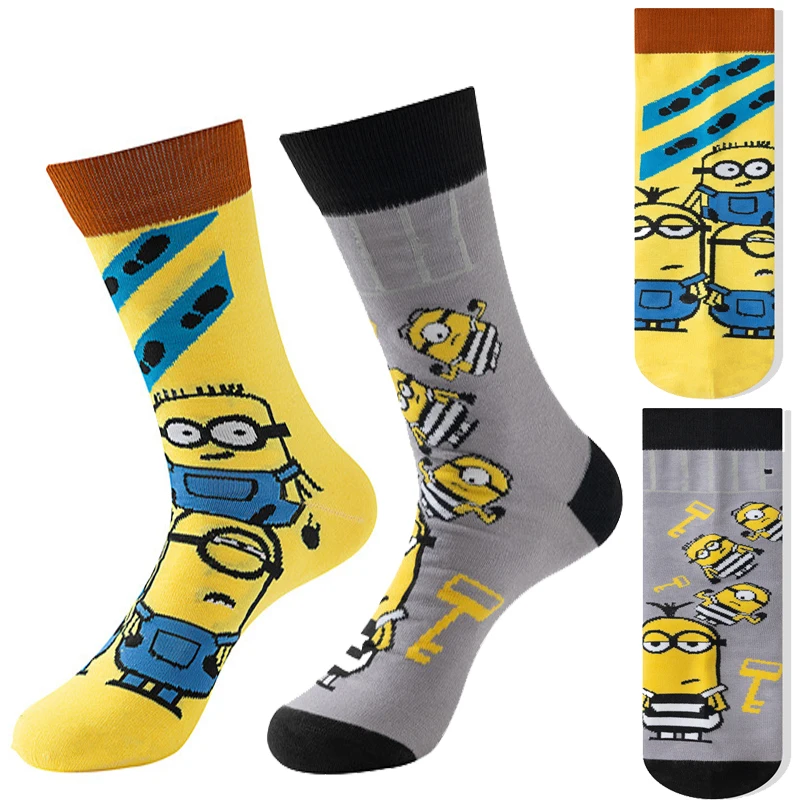 Minions Cute Print Socks Funny Cartoon Anime Breathable Cotton Hip Hop Harajuku Mid Tube Cosplay Socks Men Women\'s Stockings