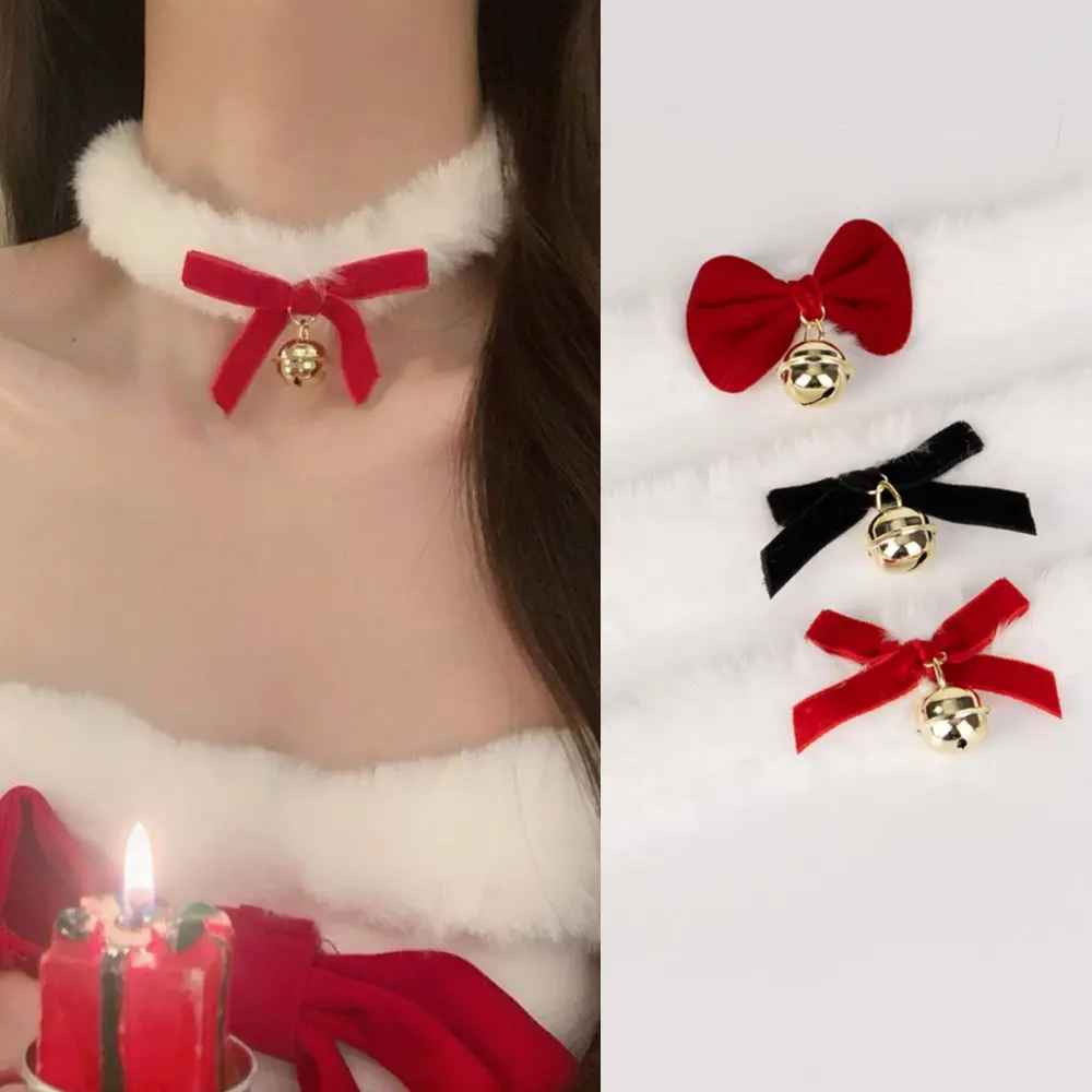 Plush Christmas Choker Velvet Bowknot Cute Bow Bell Pendant Necklace Charm Sweet Xmas Clavicle Chain Xmas Party Necklace