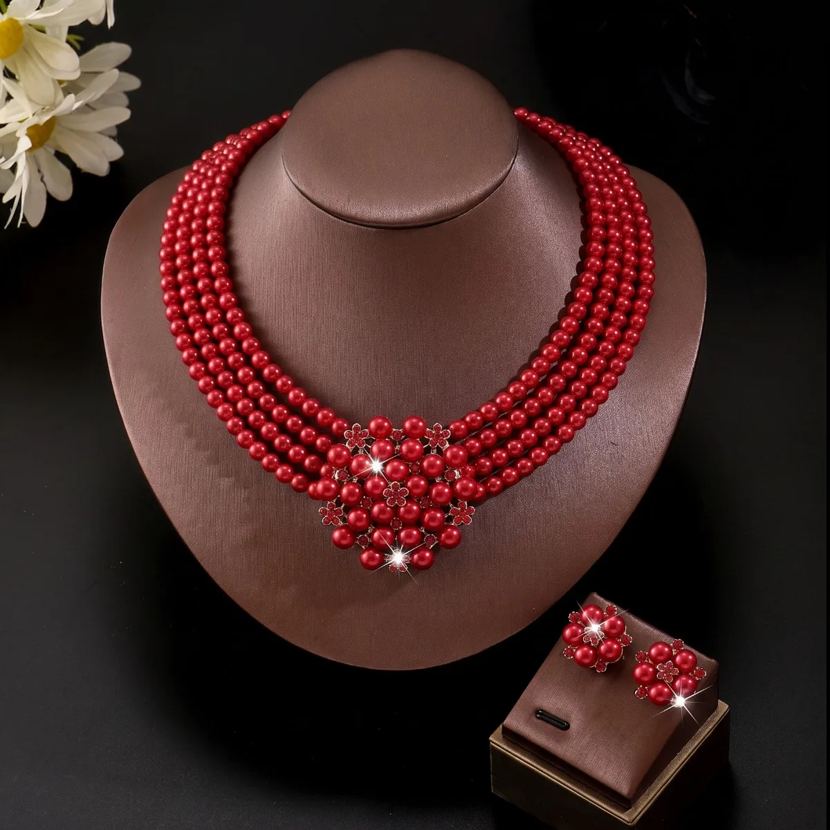 3PC-Sparkly Flower Rhinestone Red Pearl Jewelry Set for Wedding, Party and Banquet