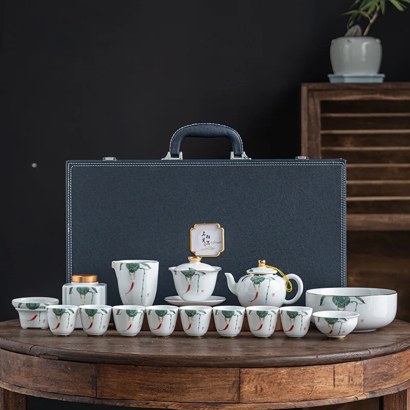 Hand-painted Kung Fu Ceramic Tea Set Luxury Home Office Reception Blue and White Gift Box High-end Present