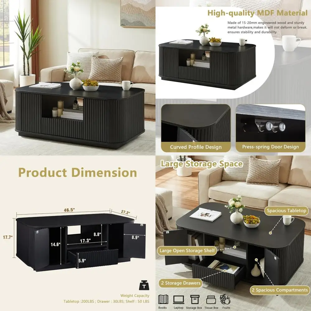 طاولة قهوة بيضاوية حديثة مع مساحة تخزين لغرفة المعيشة - تصميم مخدد، درجين، رف مفتوح ومقصصورتين #1