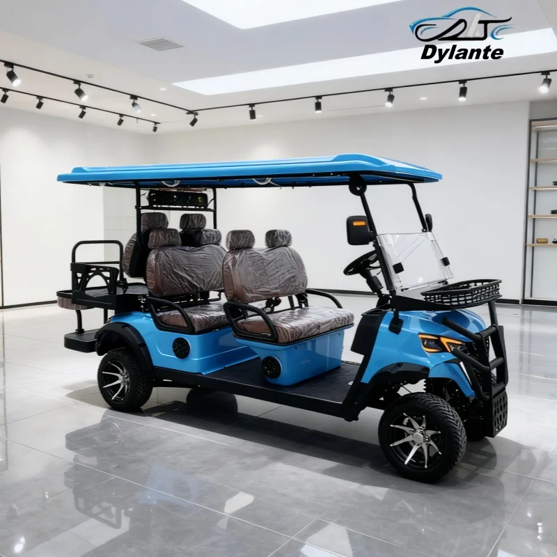Carros de golf eléctricos 4 pasajeros Proveedor confiable de China Plegable el parabrisas Espejo lateral del neumático todoterreno con luz giratoria
