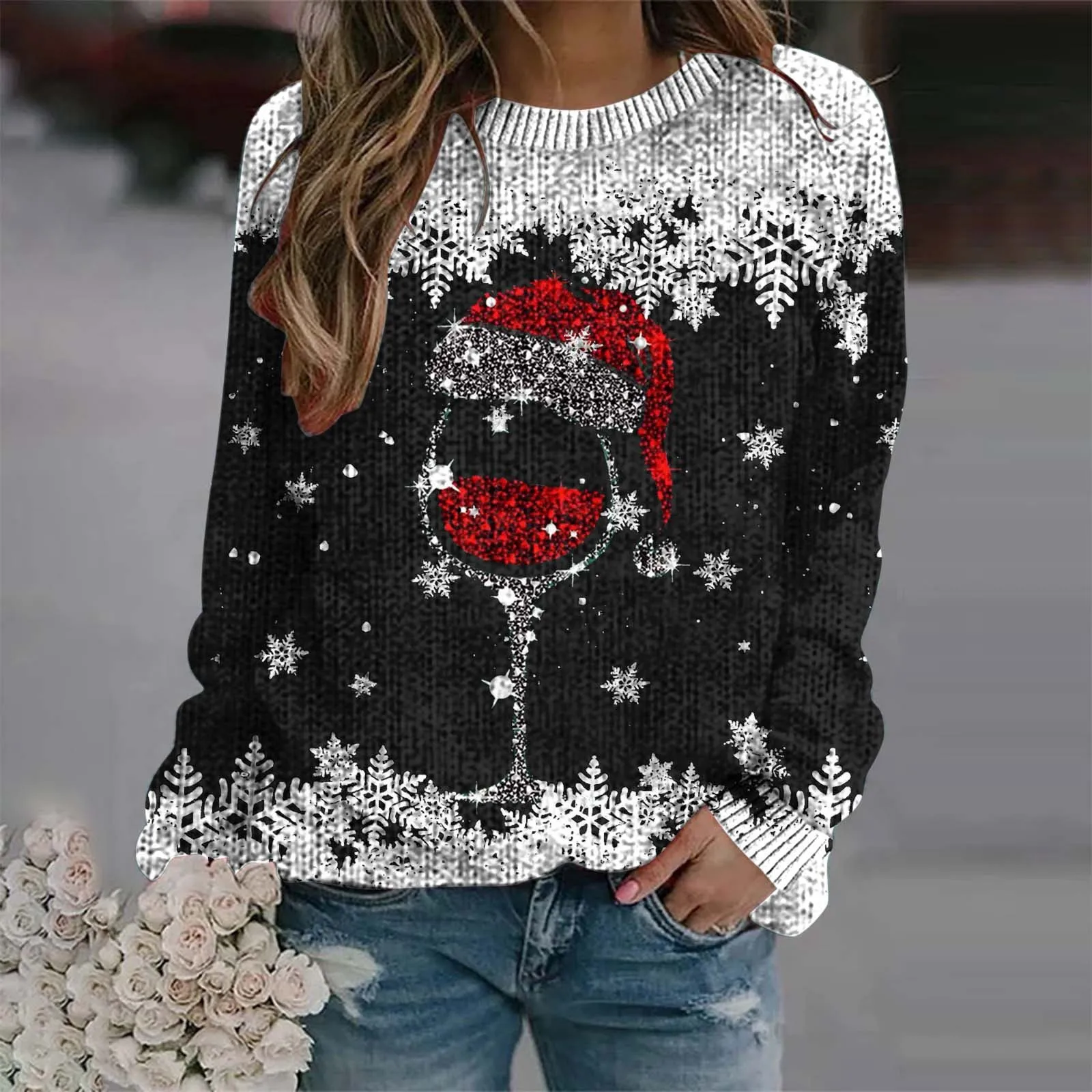 Snowflake Print Christmas Pullover Sweaters Round Neck Long Sleeve Xmas Women Pullovers Top Wine Glass Pullover Female Jumpers