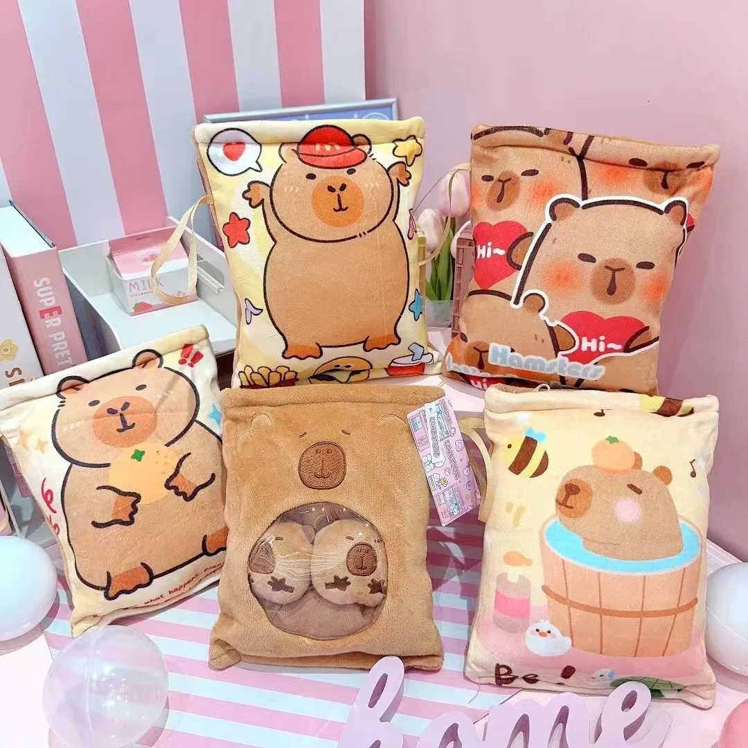 Kawaii Capybara Snack Bag Plush Toys The Soft And Cute Capybara Plush Bag Holds Four Capybara Cubs Funny Stuffed Animal Plush To