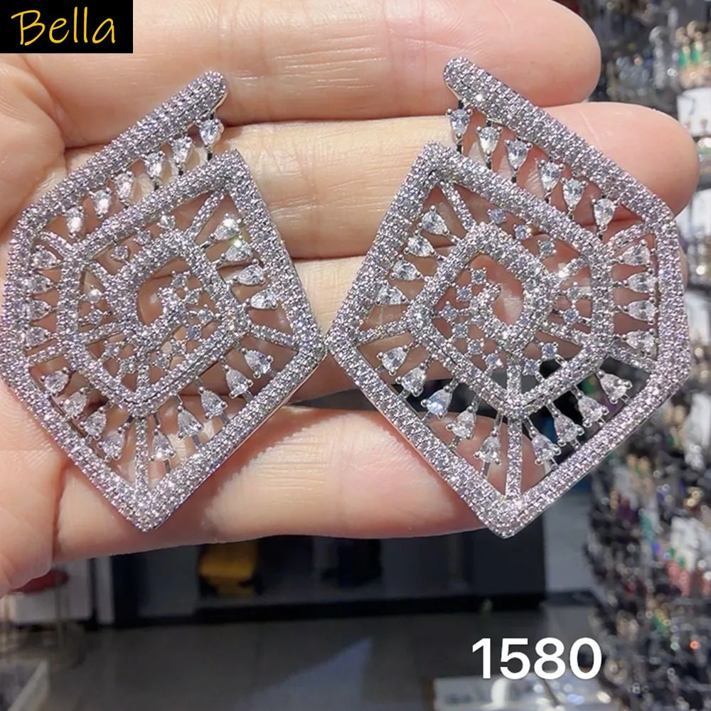 

Sparkling Cubic Zirconia Hollow Drop Earrings for women Wedding Party Evening Prom geometric large stud earrings pink white