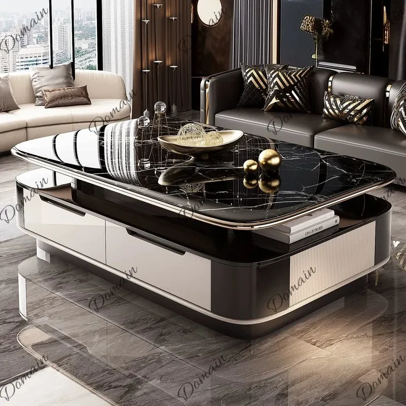 Ni Modern Black Coffee Table Microcrystalline Stone Double Layer Storage Extended Tea Table Light Luxury For Living Room Home