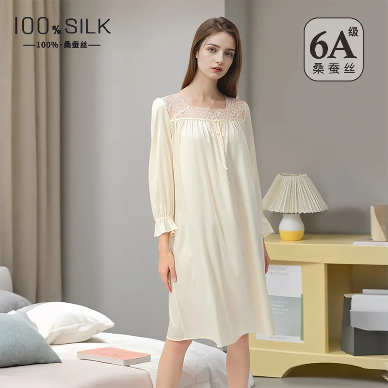 French Vintage Pure Silk Nightgown Women Long Sleeve Loose Sleepwear Antibacterial Cool Feeling Lounge Dress