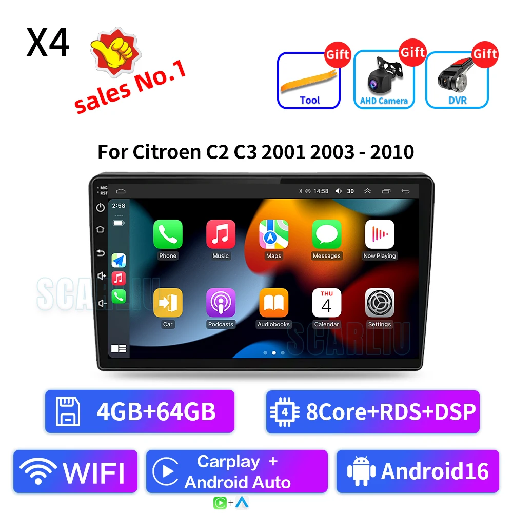 SISCL Android Auto Carplay Voor Citroen C2 C3 2001 2003-2010 Autoradio Multimedia Video Player WiFi GPS Navigatie DSP Stereo