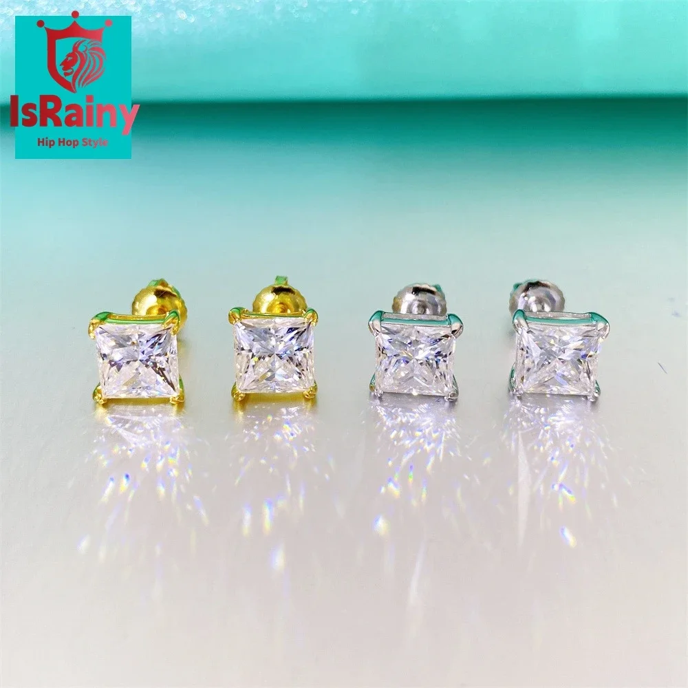 IsRainy Sparkling 0.4-4CT Princess Cut Moissanite GRA Certified Diamong Stud Earrings 925 Sterling Silver For Women Fine Jewelry