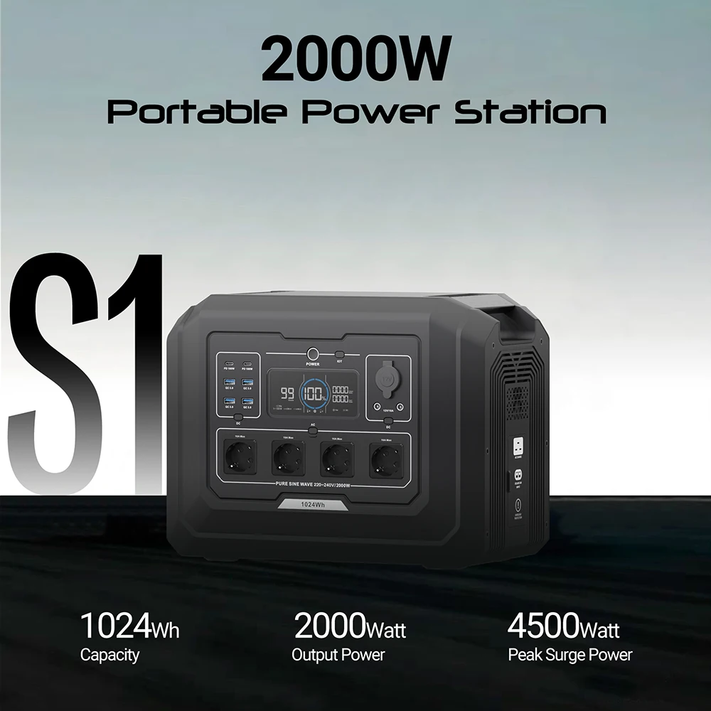 S1 2000W Portable Solar Generator 1024Wh LiFePO4 Battery Portable Power Station With APP, WIFI, Bluetooth, Fast Charging