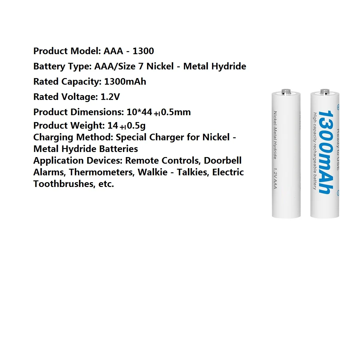 1.2v NI-MH AAA Batteries 1300mAh Rechargeable Nimh Battery for Electric Remote Control Car Toy RC Ues