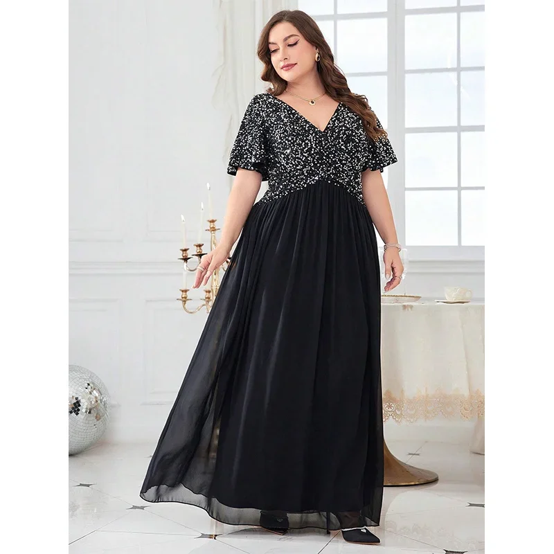 Plus Size Banquet Women\'s Chiffon Evening Dress Elegant V-neck Short Sleeve Black Silver Sequins Women\'s Prom Dresses 4XL 5XL