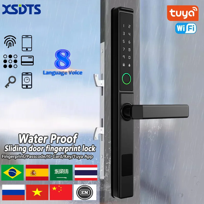 

XSDTS Tuya APP Waterproof Smart Fingerprint Password Card Door Lock Bridge-Cut Aluminum Alloy For Outdoor Pull Push Sliding Door