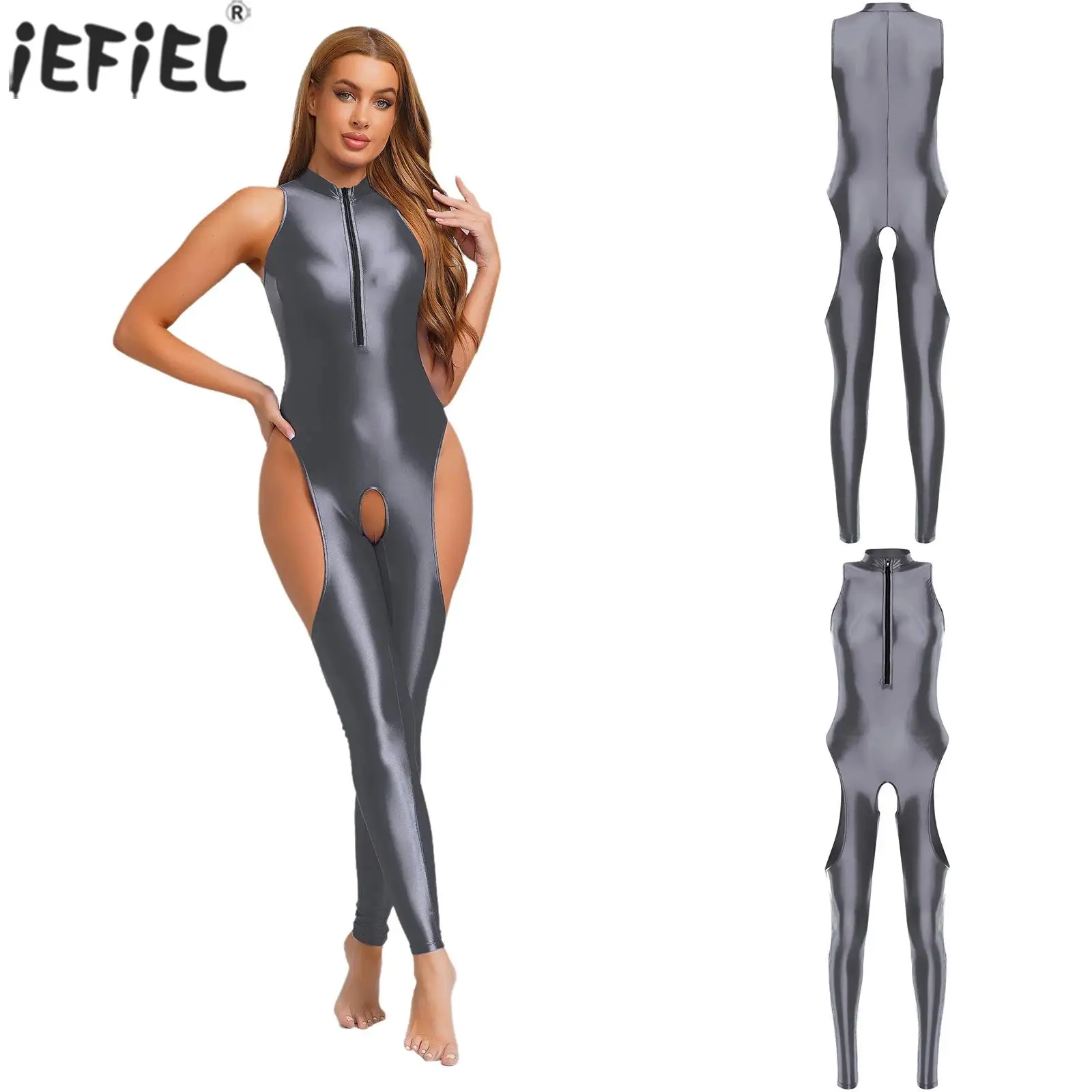 

Adult Women's Sexy No Crotch Jumpsuit Glossy Slim Fit Body-stockings Leggings for Lingerie Dating Erotic Non-removable Pajamas