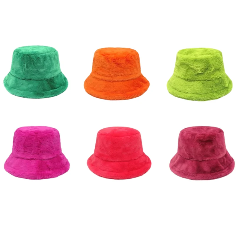 New Solid Color Faux Fur Winter Bucket Hat Women High Quality Warm Female Cap Outdoor Lady Panama Cap Sunscreen Sun Hat Panama