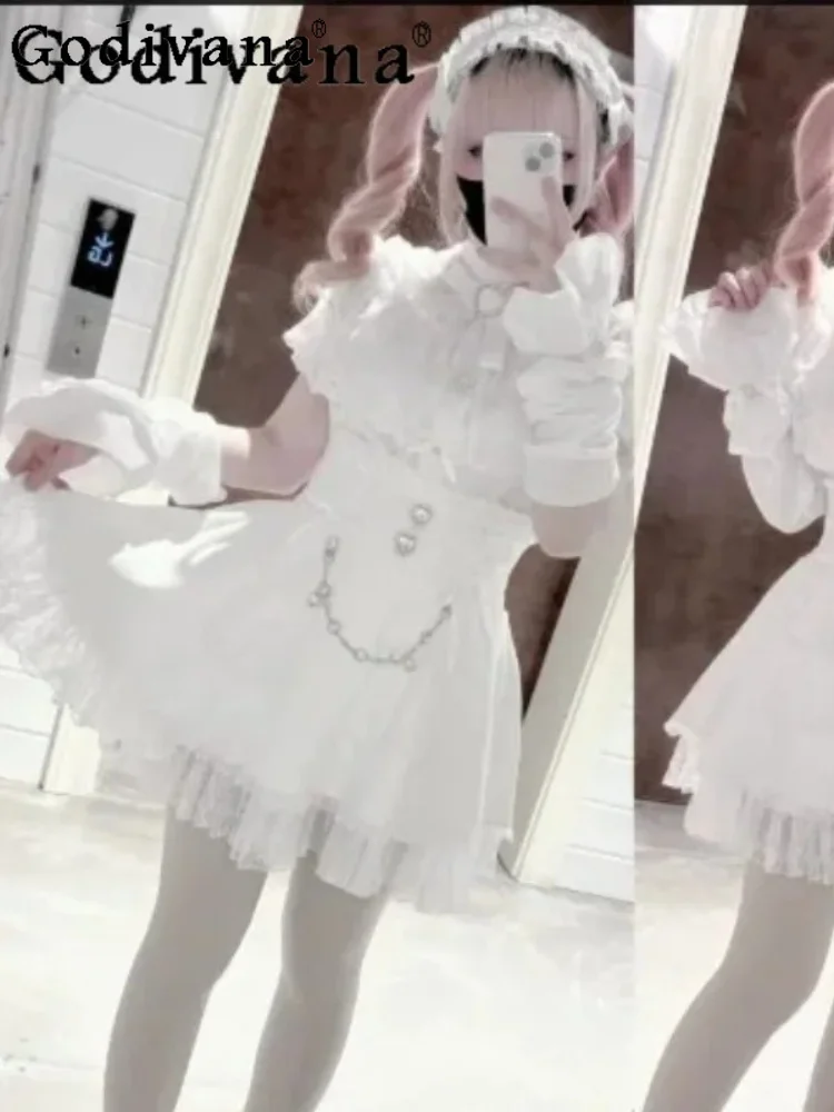 Summer New Sweet Japanese Lace Cloak Heavy Industry Short Sleeve Shirt Fashion High Waist A-line Age Reduction College Skirt