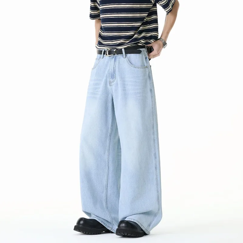 

American Style Light Blue Men's Jeans 2026 Spring Summer Denim Long Pants Loose Straight Pants Cleanfit Trousers New