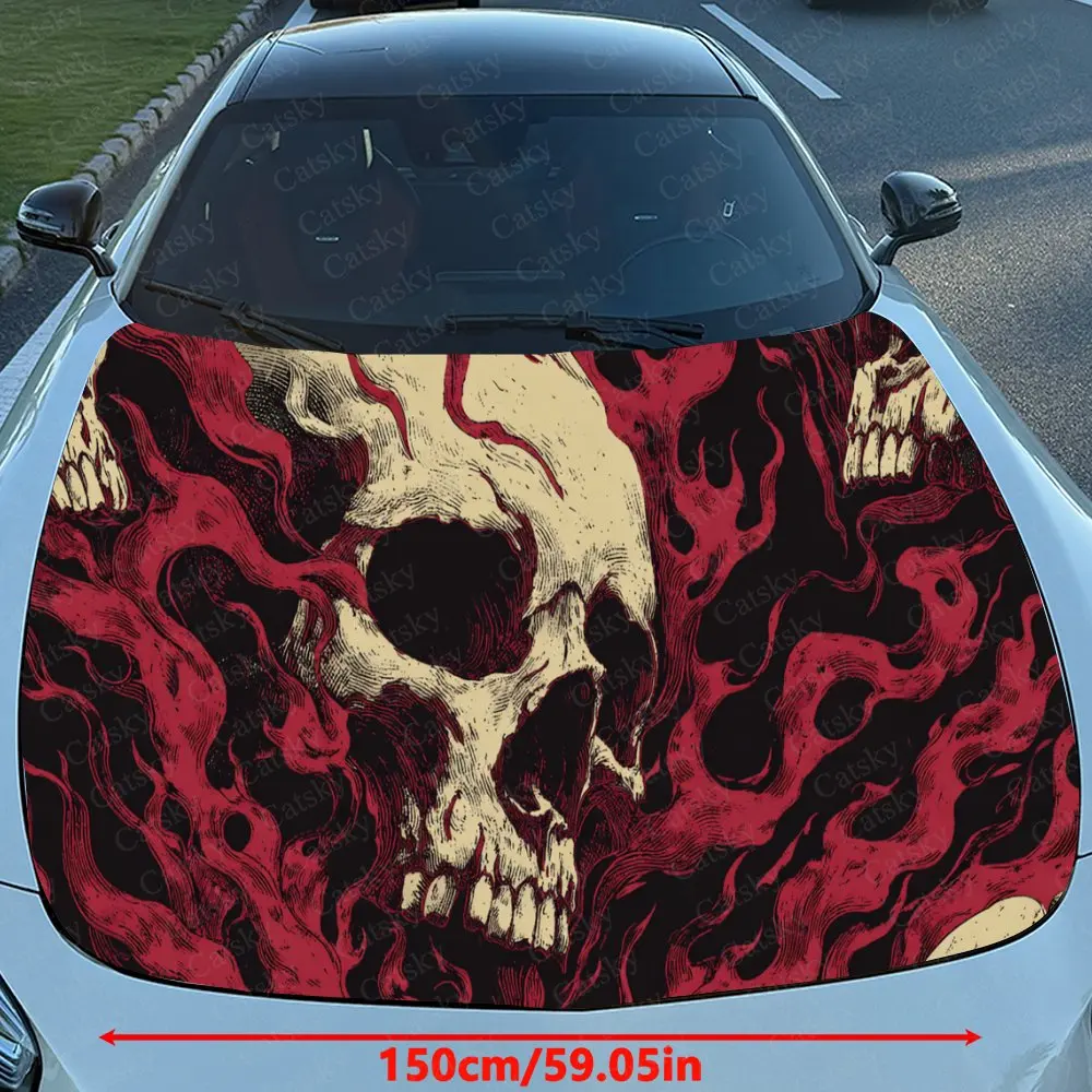 Car Decal Red Fiery Skull in Dark Gothic Design, Creating a Bold and Edgy Visual Car Hood Sticker, Waterproof Self - Adhesive PV