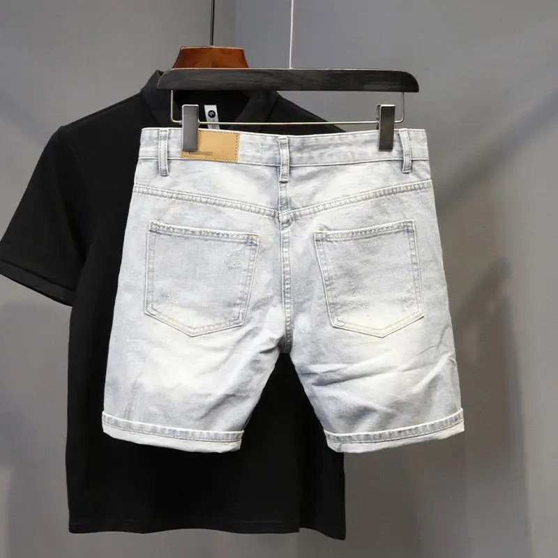 Korean Reviews Many Pants Trendy Brand Ripped Denim Shorts Men's 2025 Washed Light-color Casual Versatile Straight Cargo Pants