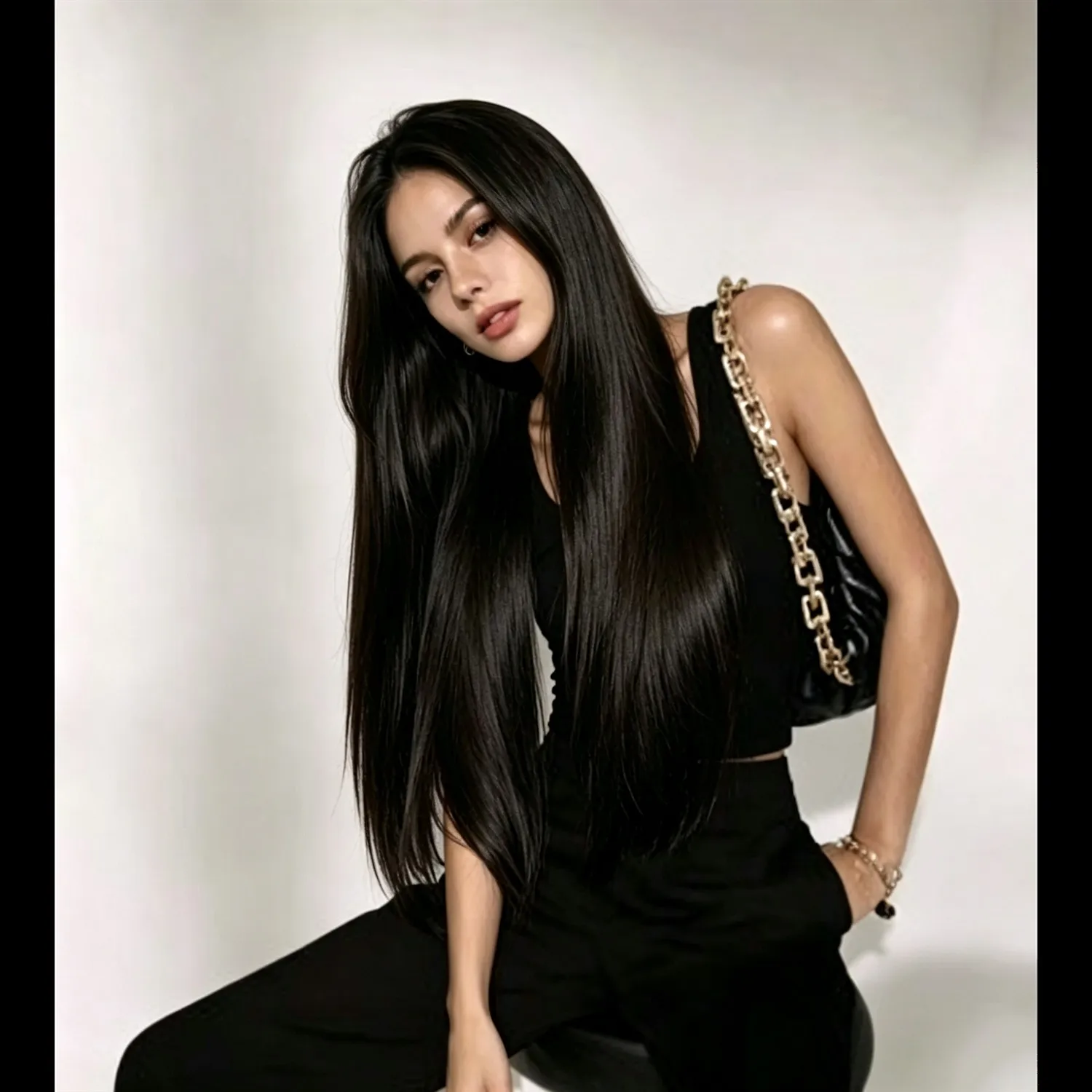 Straight Wig 30 Inch 2 Dark Brown Heat Resistant Synthetic Wig For Women With Side Bangs