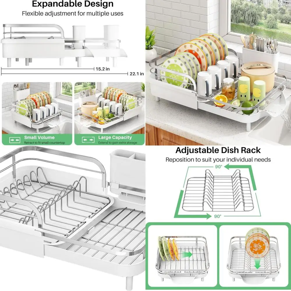 

Expandable Kitchen Dish Rack - White, Rustproof Countertop Drainer with Utensil Holder and Raised Guardrail for Cups & Bottles