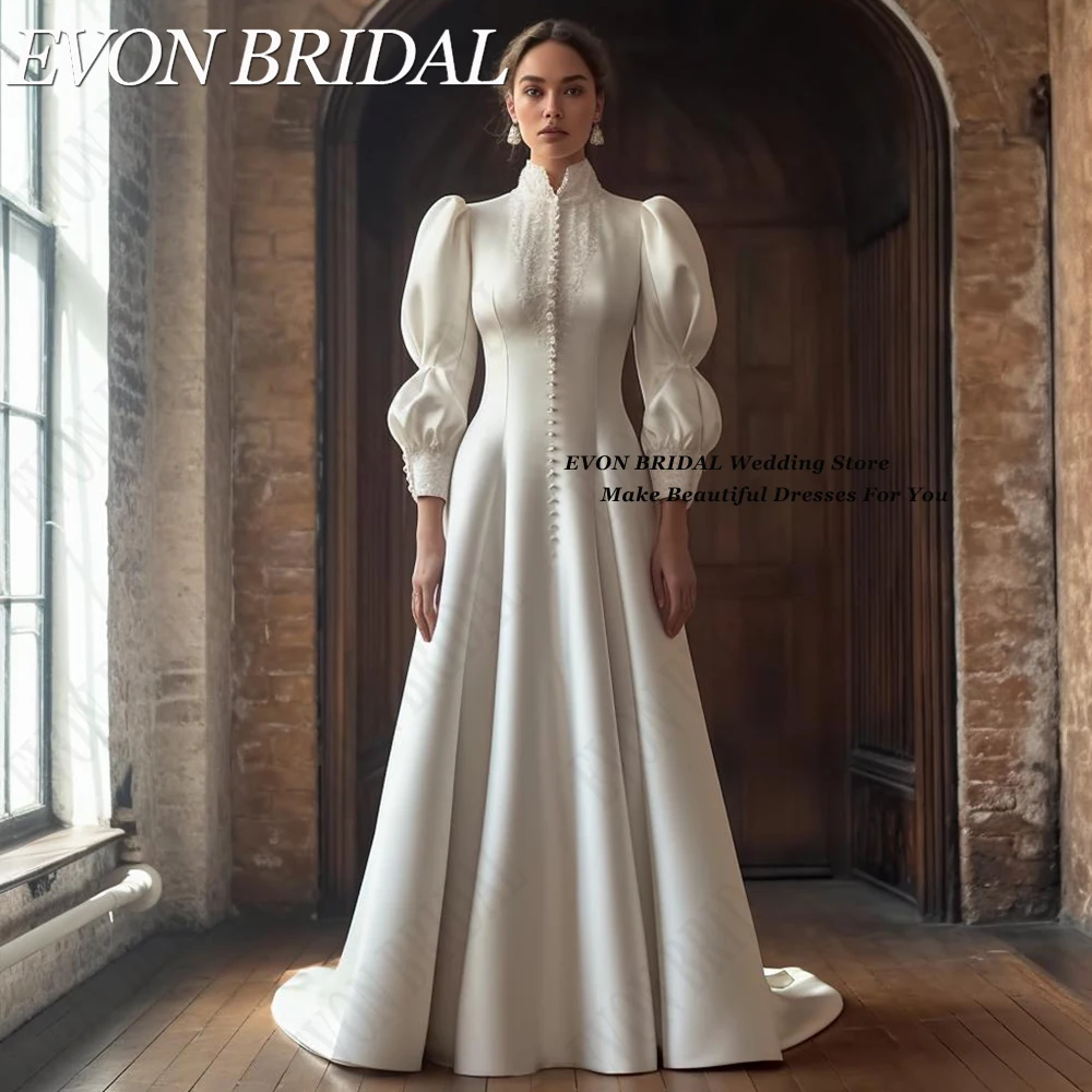 

EVON BRIDAL Elegant Muslim Wedding Dresses For Women Lace High Neck Bride Party Gowns Satin Puff Sleeves свадебное платье 2024